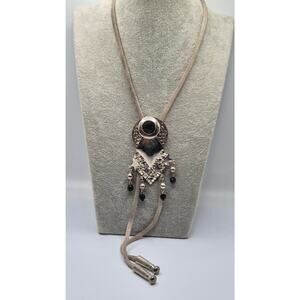 Vintage 1970s Bolo Necklace Gold Tone Black Glass Dangle Statement